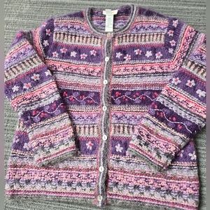 Vintage Talbots HandKnit Fuzzy Mohair Purple Floral Cardigan Sweater